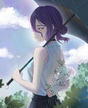 1girl absurdres black_shorts blue_sky breasts chainsaw_man cloud cloudy_sky day emeli flower flower_over_mouth green_eyes hair_bun highres holding holding_flower holding_umbrella large_breasts purple_hair rain reze_(chainsaw_man) shirt shirt_tucked_in shorts sky sleeveless sleeveless_shirt solo umbrella white_shirt