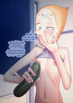 1girl bare_shoulders blue_eyes blush covering_own_mouth cucumber english_text female_pervert fingernails flat_chest food forehead_jewel furrowed_brow gem_(steven_universe) half-closed_eye hand_on_own_face hand_over_own_mouth holding holding_food holding_vegetable indoors navel nipples orange_hair pale_skin pearl_(steven_universe) pervert phallic_symbol pink_nails pinky_out pointy_nose refrigerator ribs short_hair shrug_(clothing) sleeveless_shrug smile solo speech_bubble steven_universe thought_bubble uneven_eyes upper_body vegetable very_short_hair xu53r