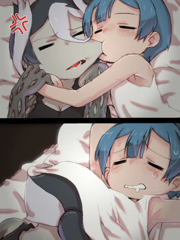 1boy 1girl 2koma age_difference anger_vein bad_id bad_twitter_id biting black_bra black_hair blue_hair bra center-flap_bangs closed_eyes comic drooling hair_between_eyes hetero highres holding_another's_wrist hug inactive_account made_in_abyss maruruk multicolored_hair onee-shota open_mouth ozen pale_skin sweat tank_top two-tone_hair under_another's_clothes underwear white_hair white_tank_top ximu_shilang