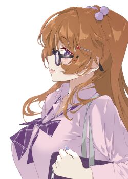 1girl absurdres black-framed_eyewear blush bow bowtie breasts brown_hair collared_shirt commentary_request glasses gyaru gyarugasaki hair_bobbles hair_ornament hairclip highres kogal konoe_kanata large_breasts long_hair long_sleeves looking_at_viewer love_live! love_live!_nijigasaki_high_school_idol_club matatabianko parted_lips pink_shirt plaid_bow plaid_bowtie plaid_clothes purple_bag purple_bow purple_bowtie purple_eyes school_uniform shirt simple_background solo two_side_up white_background