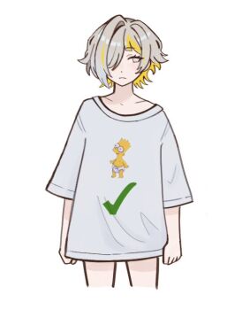 Rule 34 | 1girl, bart simpson, blonde hair, drakefan92, hair over one eye, kromer (project moon), limbus company, looking at viewer, multicolored hair, no pants, oversized clothes, project moon, shirt, short hair, simple background, solo, the simpsons, white background, white hair, white shirt