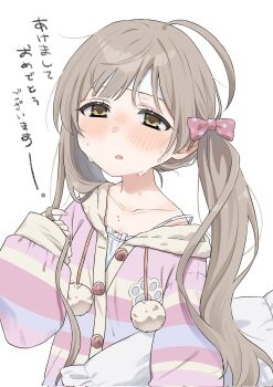 1girl ahoge blush collarbone fluffy_sweet_(idolmaster) goma_konbu hakozaki_serika headband highres idolmaster idolmaster_million_live! idolmaster_million_live!_theater_days long_hair looking_at_viewer official_alternate_costume pajamas simple_background solo sweat translation_request twintails upper_body white_background white_headband