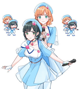 >:) 2girls :d ^_^ absurdres aqua_eyes blue_dress blue_hat blue_shoes breasts cerise_bouquet chibi chibi_inset closed_eyes closed_mouth collarbone dress earrings fingerless_gloves flipped_hair gloves halftone_print hat highres hinoshita_kaho holding holding_microphone jewelry link!_like!_love_live! looking_at_viewer love_live! medium_breasts medium_hair microphone momose_ginko multiple_girls multiple_views my_lucky_clover open_mouth orange_hair pantyhose recurring_image shoes short_dress short_hair short_sleeves sidelocks simple_background smile split_mouth teardrop_earrings v-shaped_eyebrows virtual_youtuber white_background white_gloves white_pantyhose zangemiya