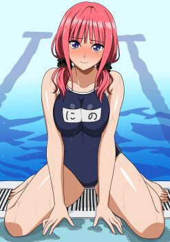 1girl absurdres barefoot breasts commentary_request competition_school_swimsuit full_body go-toubun_no_hanayome highres large_breasts looking_at_viewer low_twintails nakano_nino name_tag poolside purple_eyes red_hair school_swimsuit sitting solo swimsuit twintails wariza water yuuyuu_(3jjbn)