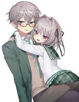 Rule 34 | 1boy, 1girl, artist request, black pantyhose, blush, brother and sister, commission, fang, glasses, green jacket, green sailor collar, green skirt, grey hair, hair intakes, hapymaher, highres, hug, jacket, long sleeves, looking at viewer, miniskirt, naitou maia, naitou tooru, open clothes, open jacket, panties, pantyhose, pantyshot, plaid clothes, plaid skirt, pleated skirt, purple eyes, red eyes, sailor collar, school uniform, second-party source, shirt, siblings, sitting, sitting on lap, sitting on person, skirt, slit pupils, smile, two side up, underwear, white shirt