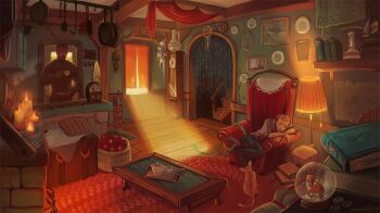 1boy 1girl 1other book bookshelf candle cat chair commentary denim door english_commentary glasses greekceltic hood hoodie indoors jacky_(greekceltic) jeans lamp medium_hair orange_hair pants plate short_hair sleeping socks stairs sweater table tail treasure_chest vase