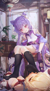 2girls absurdres bdsm black_pantyhose black_socks blonde_hair bondage bound breasts chair choker closed_eyes commentary_request detached_sleeves dress feet genshin_impact gloves highres holding holding_shoes holding_unworn_clothes icecake indoors keqing_(genshin_impact) kneehighs long_hair long_sleeves looking_at_another lumine_(genshin_impact) lying medium_breasts multiple_girls neck_tassel no_shoes on_back on_chair pantyhose parted_lips pink_eyes plant potted_plant purple_choker purple_dress purple_gloves purple_hair shibari shoes sitting smelling smelling_feet smile socks table tassel tea_set tears twintails unworn_shoes
