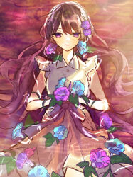 Rule 34 | 1girl, afloat, artist name, asagao no chiru koro ni (tuyu), black hair, blue flower, bow, collared dress, commentary request, dress, dress bow, dusk, flower, flower on liquid, frilled sleeves, frills, from above, hair flower, hair ornament, hands on own stomach, highres, holding, holding flower, houga 1710 sps, leaf, long hair, looking at viewer, lying, lying on water, multicolored eyes, on back, partially submerged, pink eyes, purple eyes, purple flower, ripples, signature, solo, straight-on, sunlight, tuyu (band), twitter username, unkempt, very long hair, water, wavy hair, white dress