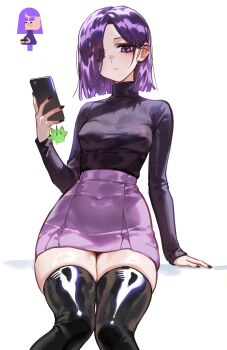 1girl absurdres animification black_nails black_thighhighs breasts cellphone commentary covered_erect_nipples covered_navel duolingo expressionless foolish_potato hair_over_one_eye high-waist_skirt high_collar highres lily_(duolingo) long_sleeves medium_breasts phone purple_hair purple_shirt purple_skirt reference_inset shirt short_hair simple_background single_sleeve_past_wrist sitting skindentation skirt smartphone solo symbol-only_commentary thighhighs thighs white_background