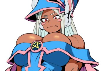 1girl animal_ears bare_shoulders blue_dress blue_hat blush blush_stickers boku_no_hero_academia breasts breasts_squeezed_together capelet cleavage commentary cosplay dark-skinned_female dark_magician_girl dark_magician_girl_(cosplay) dark_skin dress english_commentary hat highres large_breasts long_eyelashes long_hair looking_at_breasts looking_down mirko off-shoulder_dress off_shoulder parallaxfused parted_bangs pentagram pink_capelet pink_trim rabbit_ears rabbit_girl red_eyes simple_background skindentation solo toned toned_female upper_body wavy_hair white_background white_hair wizard_hat yu-gi-oh!