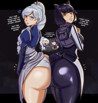 2girls anger_vein angry animal_ears ass ass-to-ass ass_press black_hair blake_belladonna blue_eyes blush breasts cat_ears clenched_teeth dress embarrassed english_text flying_sweatdrops hair_ornament huge_ass long_hair looking_at_viewer medium_breasts multiple_girls orange_eyes panties pants ponytail province rwby scar scar_across_eye scar_on_face short_hair sideboob solo_focus teeth underwear very_long_hair weiss_schnee white_hair