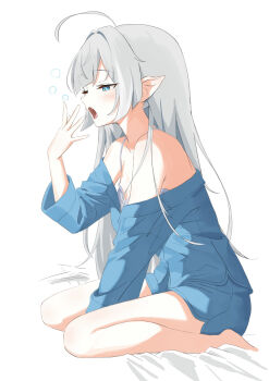 1girl ahoge alternate_costume arm_support bare_legs barefoot blue_eyes blue_pajamas blue_shorts bra commentary dolphin_shorts fang female_tyrant_(stella_sora) from_side grey_hair half-closed_eye highres irhshs kneeling long_hair off_shoulder on_bed one_eye_closed open_mouth pajamas pointy_ears profile shorts simple_background slit_pupils solo squeans stella_sora tyrant_(stella_sora) underwear very_long_hair waking_up white_background white_bra yawning