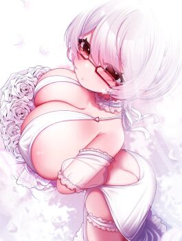 Rule 34 | 1girl, arched back, areola slip, armband, arms under breasts, ass, backless dress, backless outfit, blush, bouquet, braid, breasts, butt crack, choker, crown braid, dress, eyewear strap, flower, frilled armband, frilled choker, frilled thigh strap, frills, from above, from side, glasses, hexagonal eyewear, huge breasts, kanimanju, original, pout, red-framed eyewear, red eyes, revealing clothes, short hair, sideboob, sideless dress, skindentation, solo, thigh strap, wedding dress, white background, white choker, white dress, white hair