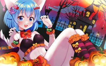 Rule 34 | 1girl, :d, animal ears, bikini, bow, candy, cat, claw pose, collar, commentary, english commentary, fang, food, frilled bikini, frills, ghost, hair ornament, hairclip, halloween, halloween costume, haunted house (attraction), highres, indie virtual youtuber, jack-o'-lantern, mohemohemincho, open mouth, second-party source, silhouette, smile, socks, striped clothes, striped socks, swimsuit, thighs, virtual youtuber, wolf ears, wolf girl, wolfychu