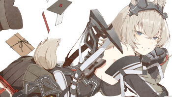 Rule 34 | 1girl, abara heiki, animal ears, arknights, arknights: endfield, armor, avywenna (arknights), bare shoulders, blue eyes, breasts, commentary request, detached sleeves, envelope, from side, gloves, hair between eyes, head rest, headgear, highres, large breasts, letter, looking at viewer, narrowed eyes, red pupils, short tail, sideboob, simple background, skirt, smile, solo, tail, teeth, white background