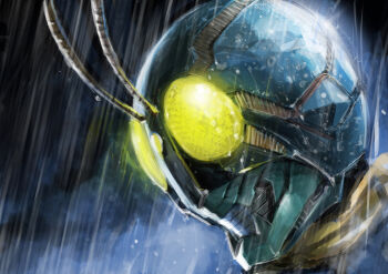 1boy antennae bug close-up commentary_request cyborg grasshopper helmet highres insect kamen_rider kamen_rider_3 kamen_rider_drive_(series) kuchibiru_keisuke mask rain scarf solo super_hero_taisen_gp:_kamen_rider_3 tokusatsu yellow_eyes yellow_scarf