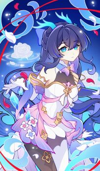 1girl absurdres bare_shoulders black_hair blue_eyes blue_hair bow breasts chinese_commentary closed_mouth commentary_request diamond-shaped_pupils diamond_(gemstone) diamond_(shape) dragon_horns dress eastern_dragon_horns flower genius_invokation_tcg_(style) gloves hair_between_eyes highres horns long_hair looking_at_viewer multicolored_hair original pantyhose petals solo streaked_hair symbol-shaped_pupils thighhighs white_dress white_flower white_gloves
