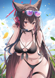 Rule 34 | 1girl, absurdres, adjusting headset, alternate costume, animal ear fluff, animal ears, arm under breasts, black choker, black hair, blue archive, blue sky, blurry, breast hold, breasts, choker, cleavage, cloud, cloudy sky, collarbone, commentary request, depth of field, eyewear on head, fox ears, fox girl, hair between eyes, halo, headset, highres, large breasts, leaning forward, long hair, looking at viewer, navel, outdoors, purple-tinted eyewear, red eyes, sidelocks, sky, smile, solo, sora01o, stomach, sunglasses, thigh strap, tinted eyewear, yukino (blue archive)