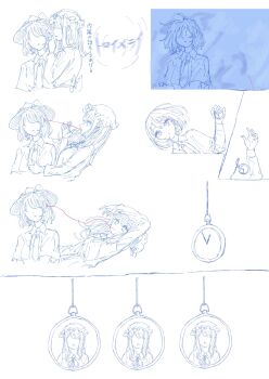 2girls black_hat blonde_hair bow brown_hair capelet collar commentary dress dress_ribbon falling hat hat_bow highres holding holding_pocket_watch kashiwada_kiiho long_dress long_sleeves maribel_hearn medium_hair mob_cap multiple_girls necktie open_mouth partially_translated pocket_watch shirt short_hair simple_background sleeve_cuffs string string_of_fate touhou translation_request usami_renko watch whispering whispering_in_ear white_collar white_hat white_shirt