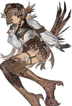 1girl belt_collar bird_girl bird_legs bird_tail black_collar black_gloves brown_eyes brown_hair brown_hat collar commentary_request eyewear_on_headwear feather_hair feathers full_body gloves hashibiro_kou_(garapiko_p) hat highres long_sleeves looking_at_viewer original simple_background solo tail talons white_background