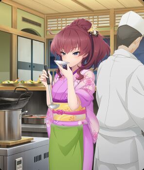 Rule 34 | 1boy, 1girl, apron, black hair, blue eyes, blush, braid, cooking pot, cowboy shot, crown braid, cup, dot nose, drinking, floral print, floral print kimono, food, game cg, green apron, hair ornament, hat, high ponytail, holding, holding cup, holding ladle, indoors, japanese clothes, kimono, konohana suzuka, ladle, medium hair, nakai (waitress), night, obi, official art, pink kimono, plate, ponytail, print kimono, print sash, red hair, sakazuki, sash, short hair, shrimp, shrimp tempura, tasting, tempura, third-party source, toji no miko, toji no miko: kizamishi issen no tomoshibi, waist apron, white hat, white kimono, wooden ceiling, yellow sash, yukata