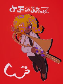 Rule 34 | 1girl, black pants, black shoes, collared shirt, dark-skinned female, dark skin, drop shadow, hair over one eye, highres, holding, holding instrument, holding trombone, instrument, long sleeves, looking at viewer, nintendo, orange hair, outline, pants, patterned hair, pointy ears, purple eyes, red background, shirt, shoes, solo, splatoon (series), splatoon 3, splattofuu, tao blu, tentacle hair, trombone, white outline, white shirt