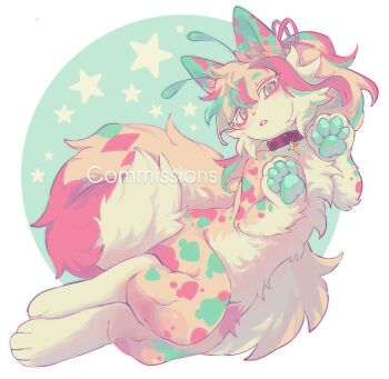 1girl alien animal_ears animal_feet animal_hands antennae blue_eyes choker colored_eyelashes commentary commission digitigrade flat_chest fluffy fox_ears fox_girl fox_tail full_body furry furry_female highres looking_at_viewer multicolored_hair neku_boo nude original pastel_colors pawpads pink_fur ponytail sitting solo spotted_fur star_(symbol) tail watermark white_eyelashes