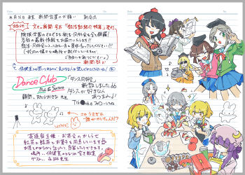 6+girls absurdres alice_margatroid alternate_costume apple apple_rabbit apron black_hair black_hat blonde_hair blue_eyes blue_hat blue_skirt blue_sweater bow braid brown_cardigan brown_hair cardigan closed_eyes closed_mouth coat commentary_request contemporary crescent crescent_hat_ornament cutting doggo_1d34 food food_art fruit green_bow green_eyes grey_hair hair_bow hairband hat hat_ornament help_me_erinnnnnn!! highres himekaidou_hatate holding holding_knife holding_newspaper holding_radio izayoi_sakuya kirisame_marisa knife long_hair matara_okina mob_cap multiple_girls musical_note newspaper nishida_satono nurse nurse_cap open_clothes open_coat open_mouth patchouli_knowledge pink_hat pink_shirt pointy_ears pom_pom_(clothes) purple_hair purple_hat rabbit radio red_hairband red_hat school_uniform shameimaru_aya shirt side_braid single_braid skirt smile sunglasses sweater teapot teireida_mai tokin_hat touhou translation_request twin_braids v white_apron white_coat yagokoro_eirin yellow_eyes