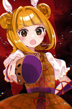 Rule 34 | 1girl, :o, armor, armored dress, blonde hair, blunt bangs, blush, brown dress, brown eyes, commentary request, double bun, dress, foreshortening, hair bun, hair ribbon, haniwa (statue), highres, holding, joutouguu mayumi, katsuragi atori, light particles, looking at viewer, open mouth, puffy short sleeves, puffy sleeves, ribbon, shirt, short hair, short sleeves, solo, touhou, twitter username, upper body, white ribbon, white shirt