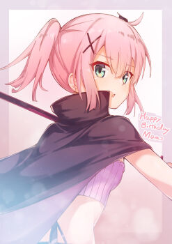 1girl :o absurdres black_cloak blue_eyes border character_name chiyoda_momo cloak commentary_request dark_persona fog from_behind green_eyes hair_ornament happy_birthday highres looking_at_viewer machikado_mazoku magical_girl midriff_peek multicolored_hair pink_hair pizza_(pizzania_company) ponytail short_hair sidelocks simple_background sword weapon white_background x_hair_ornament