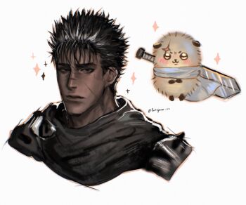1boy :3 absurdres berserk black_hair blush chibikemo chiikawa creature crossover dark-skinned_male dark_skin fluffy fluffysaimai_ii guts_(berserk) highres male_focus multiple_boys otter portrait rakko_(chiikawa) scar scar_on_face scar_on_nose short_hair sparkle sword sword_on_back twitter_username weapon weapon_on_back