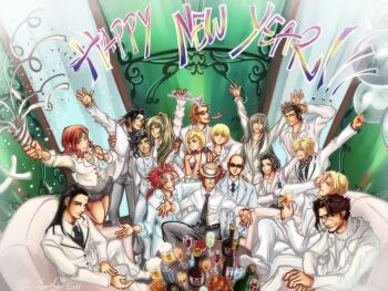 ! alcohol armchair arms_up bald beard beer before_crisis:_final_fantasy_vii bindi black_hair blonde_hair blue_eyes brown_eyes brown_hair celebration chair character_request cissnei closed_mouth cocktail collar collarbone confetti couch cup drinking_glass elena_(ff7) facial_hair final_fantasy final_fantasy_vii formal_clothes glasses gun_(female) happy happy_new_year hat holding holding_drinking_glass instrument katana_(male) legend_(male) long_hair looking_at_viewer martial_arts_(female) martial_arts_(male) multiple_boys multiple_girls necktie new_year nunchaku_(male) open_mouth orange_hair party party_popper red_hair reno_(ff7) rude_(ff7) rufus_shinra short_hair shotgun_(female) sitting smile source_request spiked_hair square_enix standing striped_suit suit sunglasses teeth thighs trumpet tseng turks_(ff7) turtleneck two_guns_(male) v verdot white_suit wine_glass wing_collar