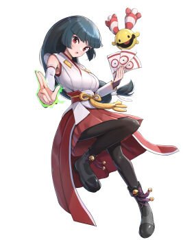 Rule 34 | 1girl, absurdres, black hair, black pantyhose, breasts, chingling, closed mouth, detached sleeves, floating hair, gen 4 pokemon, gonzarez, hakama, hakama skirt, highres, holding, japanese clothes, kuji-in, large breasts, long hair, looking at viewer, low-tied long hair, miko, nintendo, official alternate costume, pantyhose, pokemon, pokemon (creature), pokemon masters ex, red eyes, sabrina (new year's 2022) (pokemon), sabrina (pokemon), sash, skirt, solo, standing, standing on one leg, talisman, telekinesis