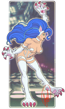Rule 34 | 1girl, animal ears, animal hands, bare shoulders, blue hair, breasts, cat ears, cat girl, cat tail, daggerss, darkstalkers, fangs, felicia (darkstalkers), large breasts, long hair, tail, very long hair, white fur, wide hips