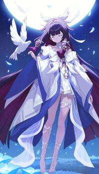 1girl absurdres bare_shoulders barefoot bird black_hair blue_flower blue_petals closed_eyes closed_mouth columbina_(genshin_impact) dove dress eye_mask falling_petals flower full_body full_moon genshin_impact hair_intakes hair_ribbon hashtag-only_commentary head_wings highres long_hair mask moon multicolored_hair neulrain petals purple_hair ribbon solo standing thigh_strap very_long_hair white_bird white_dress white_ribbon white_wings wings