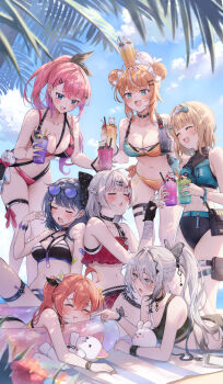 6+girls ^_^ absurdres ahoge alternate_costume asymmetrical_bikini bag bandaged_wrist bandages bandaid bandaid_on_arm beach_mat bikini black_bikini black_choker black_hair blonde_hair blue_eyes blunt_bangs bow bracelet breasts cheek_poking chestnut_mouth choker cleavage closed_eyes commentary crossed_bangs cup day disposable_cup double_bun eyewear_on_head fang gloves green_bikini green_eyes grey_hair hair_bow hair_bun hair_ornament hairpin high_ponytail highres holding holding_cup id_card idios igarashi_rika ishigami_nozomi jewelry kaburaki_roco kneeling koshimizu_toru kuramochi_meruto lanyard large_breasts leaning_on_person long_hair lying morros multicolored_bikini multicolored_hair multiple_girls navel nijisanji o-ring o-ring_choker on_stomach open_mouth orange_bikini orange_hair outdoors partially_fingerless_gloves pink_hair poking ponytail pouch red_bikini red_hair shishido_akari short_hair shoulder_bag sidelocks sitting small_breasts smile sophia_valentine spiked_choker spikes standing stomach streaked_hair stuffed_animal stuffed_toy sunglasses swept_bangs swim_ring swimsuit thigh_pouch thigh_strap two-tone_bikini virtual_youtuber