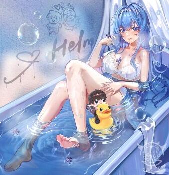 Rule 34 | 1girl, absurdres, barefoot, bathtub, between breasts, blue eyes, blue hair, bra, breasts, character doll, character name, cleavage, commander (nikke), commentary request, d plan, doll, feet, goddess of victory: nikke, hairband, heart, helm (nikke), helm (post-shower moment) (nikke), hetero, highres, large breasts, long hair, looking at viewer, official alternate costume, panties, rubber duck, smile, soles, solo, toes, underwear, very long hair, water, white bra, white hairband, white panties