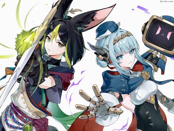 1boy 1girl android animal_ear_fluff animal_ears birgitta_(genshin_impact) black_gloves black_hair black_hoodie blue_cape blue_eyes blue_hair bow_(weapon) breasts cape fox_boy fox_ears genshin_impact gloves green_eyes green_hair hair_between_eyes hair_ornament hat highres holding holding_bow_(weapon) holding_weapon hood hoodie ineffa_(genshin_impact) joints long_hair looking_at_viewer mechanical_arms multicolored_hair nirako_mona robot_ears robot_girl robot_joints short_hair streaked_hair tighnari_(genshin_impact) vision_(genshin_impact) weapon