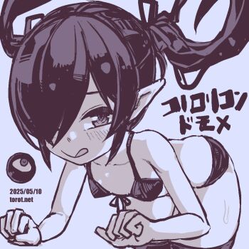 1girl ;q backbeako_(torotei) backbeard bent_over blue_background blue_theme blush breasts closed_mouth commentary cowboy_shot dated dated_commentary floating_hair front-tie_bra gegege_no_kitarou hair_over_one_eye hair_ribbon kono_lolicon_domome loli long_hair looking_at_viewer monochrome one_eye_closed original paid_reward_available panties pointy_ears ribbon simple_background small_breasts smile solo sweat thighhighs tongue tongue_out torotei translated twintails underwear underwear_only watermark web_address