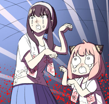 Rule 34 | 2girls, @ @, anya (spy x family), black hair, commentary, crying, crying with eyes open, endou tatsuya, hairband, hairpods, highres, mother and daughter, multiple girls, open mouth, paw pose, pink hair, pleated skirt, shirt, skirt, snot, spy x family, t-shirt, tears, wavy eyes, wavy mouth, white hairband, yor briar