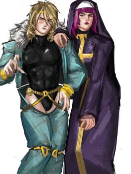 1boy 1girl abs adapted_costume argyle_clothes argyle_pants belt black_leotard black_nails blonde_hair blue_jacket bracelet bulge cassock commentary cosplay cross daniimouwry diego_brando dio_brando dio_brando_(cosplay) english_commentary enrico_pucci enrico_pucci_(cosplay) fingernails fur-trimmed_jacket fur_trim highres hot_pants_(sbr) jacket jewelry jojo_no_kimyou_na_bouken knee_pads leotard makeup male_focus medium_hair mullet nun pants pink_hair purple_eyes purple_lips sharp_fingernails sketch steel_ball_run traditional_nun yellow_belt yellow_suspenders