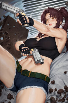 1girl artist_name beretta_92 black_gloves black_lagoon black_tank_top blue_shorts breasts brown_eyes brown_hair bullet_hole cigarette commentary crop_top dual_wielding english_commentary fingerless_gloves gloves gun handgun highres holding holding_gun holding_weapon long_hair midriff navel neoartcore paid_reward_available patreon_logo patreon_username ponytail revy_(black_lagoon) short_shorts shorts smoke smoking solo tank_top watermark weapon