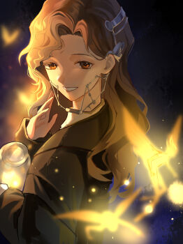 Rule 34 | 1girl, absurdres, black background, braces, brown coat, brown eyes, brown hair, coat, fairy, from side, grin, hand up, highres, holding, holding jar, jar, long hair, looking at viewer, ranla, reverse:1999, sidelighting, smile, solo, tooth fairy (reverse:1999), turning head, upper body