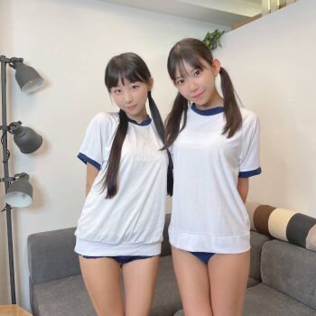 2girls asian black_hair brown_eyes eunji_(jung_hye-rim) female_focus indoors korean looking_at_viewer marina_nagasawa model multiple_girls real_life school_uniform shirt tagme thighs twintails white_shirt