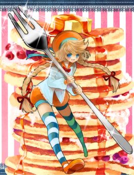1girl :d black_thighhighs blue_eyes blue_ribbon blue_shirt bow bowtie braid brown_hair commentary_request food fork full_body hair_ribbon hat hat_ribbon highres holding holding_fork kudo_kunugi lace lace-trimmed_shirt lace_trim long_hair long_sleeves open_mouth orange_hat orange_sailor_collar orange_shoes orange_shorts original oversized_fork oversized_object pancake pancake_stack puffy_shorts red_bow red_bowtie red_ribbon ribbon sailor_collar shirt shoes shorts smile solo sparkle striped_clothes striped_thighhighs swept_bangs thighhighs twin_braids twintails very_long_hair