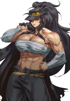 Rule 34 | 1girl, abs, absurdres, arm wrap, banchou, biceps, big hair, black hair, breasts, budget sarashi, chest sarashi, cleavage, commentary, daidouji (senran kagura), delinquent, english commentary, hat, highres, large breasts, long hair, looking at viewer, mole, mole under eye, muscular, muscular female, navel, obliques, red eyes, sarashi, senran kagura, simple background, solo, very long hair, virgoart, white background