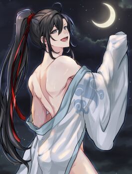 1boy :d ahoge alternate_costume androgynous aslle ass back bare_shoulders bishounen black_hair borrowed_clothes chinese_clothes cloud cloudy_sky commentary_request crescent_moon from_behind full_moon grey_eyes hair_between_eyes hair_ribbon hanfu highres implied_yaoi long_hair long_sleeves looking_at_viewer looking_back male_focus modao_zushi moon naked_robe night off_shoulder open_clothes open_mouth open_robe outdoors ponytail red_ribbon ribbon robe see-through_clothes see-through_robe sidelocks sky sleeves_past_wrists smile solo star_(sky) starry_sky tongue tongue_out trap very_long_hair wei_wuxian wet wet_clothes white_hanfu wide_sleeves