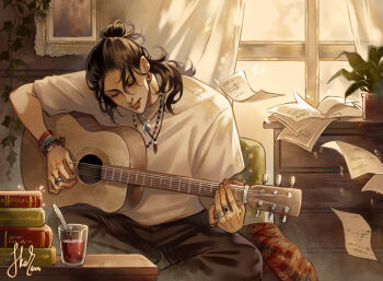 1boy black_hair bracelet closed_eyes commentary falling_paper getou_suguru guitar hair_bun half_updo holding holding_guitar holding_instrument indoors instrument jewelry jujutsu_kaisen male_focus necklace paper parted_lips ring shirt skar_1004 solo spoon t-shirt white_shirt