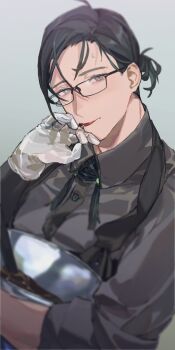 Rule 34 | 1boy, alternate costume, alternate hairstyle, apron, black apron, black hair, blush, bowl, chocolate, chocolate making, chocolate on face, collared shirt, commentary request, fate/grand order, fate (series), food, food on face, glasses, gloves, grey background, grey eyes, grey shirt, holding, holding bowl, kibadori rue, looking at viewer, male focus, mixing bowl, neck tassel, official artist extra, plastic gloves, ponytail, rectangular eyewear, shirt, short ponytail, simple background, sleeves rolled up, solo, sweat, swept bangs, tassel, tongue, tongue out, upper body, white gloves, wiping mouth, yamanami keisuke (fate)