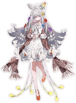 Rule 34 | 1girl, blue flower, blush, bridal gauntlets, brown scarf, bukurote, collarbone, cone hair bun, dress, fate/grand order, fate (series), flora (fate), flower, full body, green eyes, grey hair, hair bun, hair flower, hair ornament, highres, long hair, looking at viewer, monocle, official art, orange shoes, outline, pink eyes, purple flower, red flower, scarf, second-party source, shoes, smile, solo, standing, standing on one leg, symbol-shaped pupils, tachi-e, transparent background, white dress, white outline, yellow flower